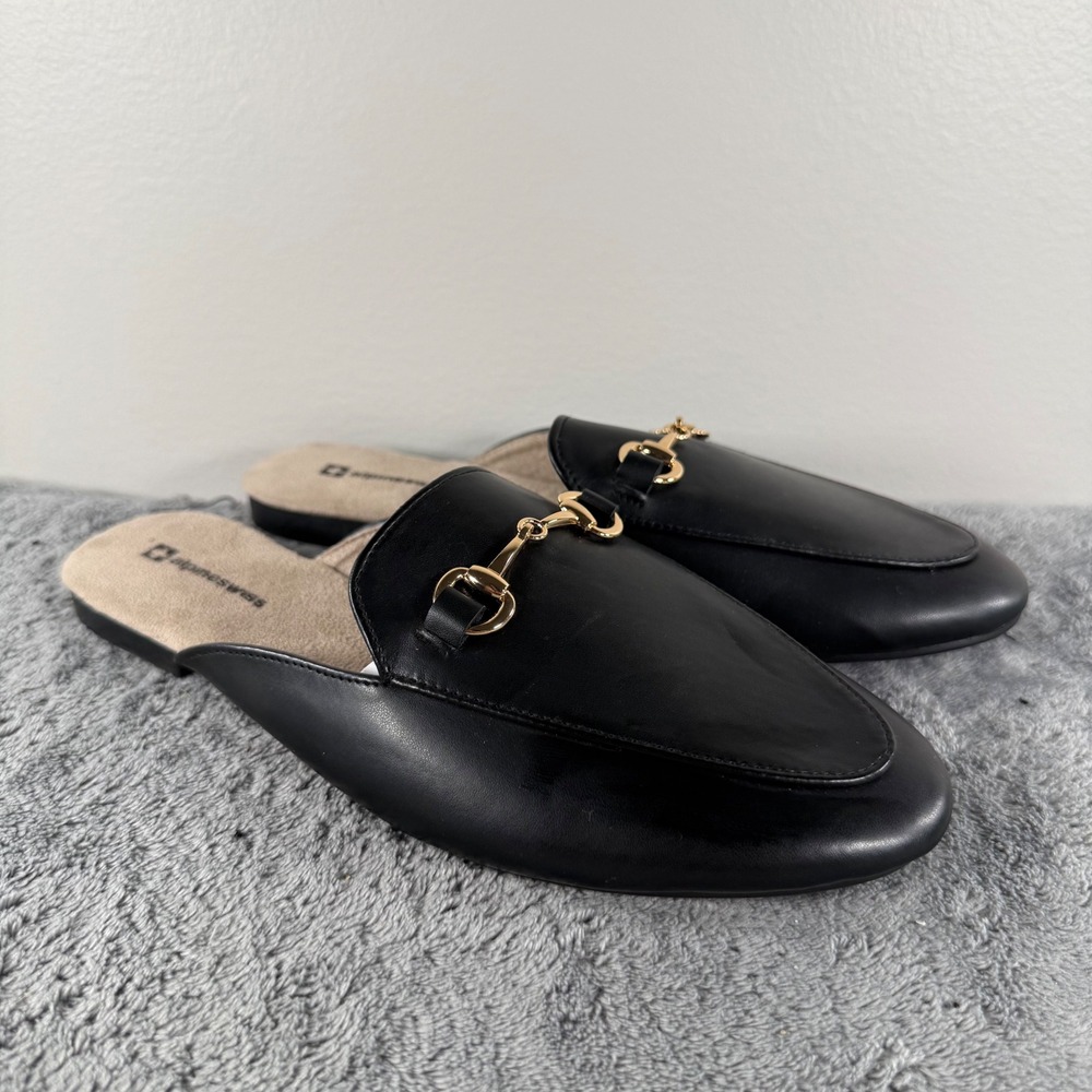 Alpine Swiss Erin Flat Mule Loafer Women 8 Black Gold Horsebit Buckle Shoes